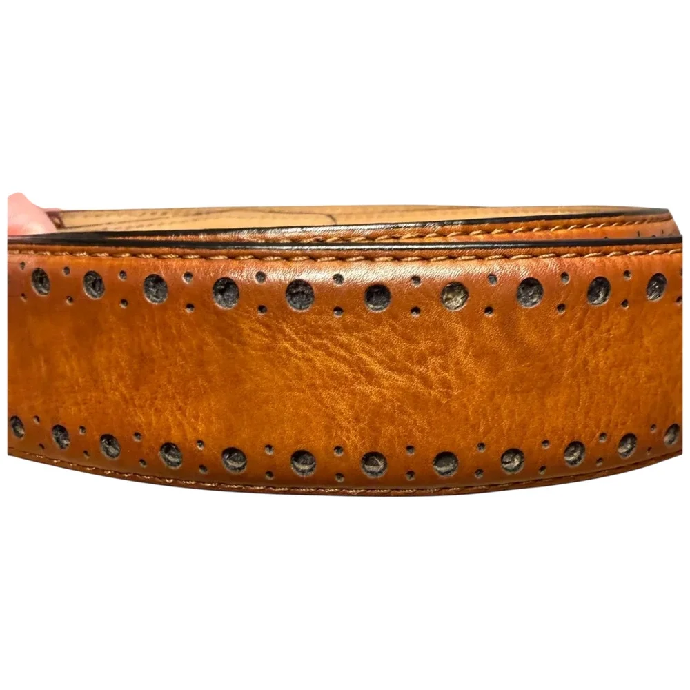 COLE HAAN Men's Brown Leather Belt 34 Silver Buckle Brogue